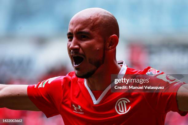 Carlos González of Toluca celebrates after scoring his team's second goal during the playoff match between Toluca and FC Juarez as part of the Torneo...