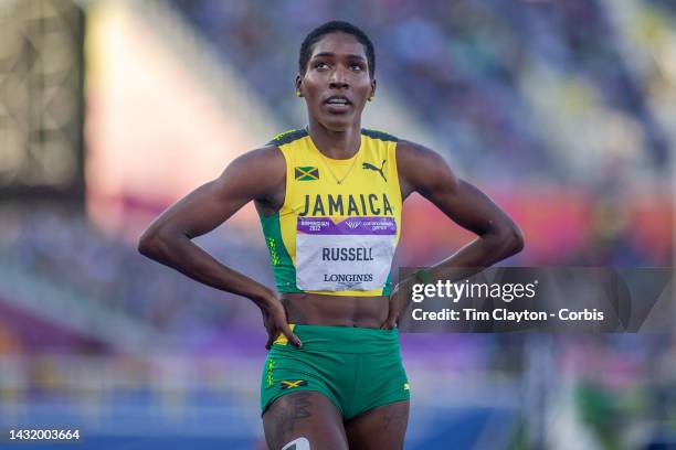 Janieve Russell of Jamaica after winning the gold medal in the Women's 400m Hurdles Final during the Athletics competition at Alexander Stadium...