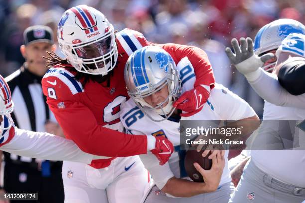 Matthew Judon of the New England Patriots sacks Jared Goff of the Detroit Lions during the first half at Gillette Stadium on October 09, 2022 in...