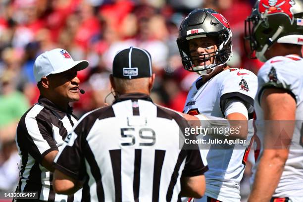 Tom Brady of the Tampa Bay Buccaneers discusses a play with referees during the second quarter of the game against the Atlanta Falcons at Raymond...