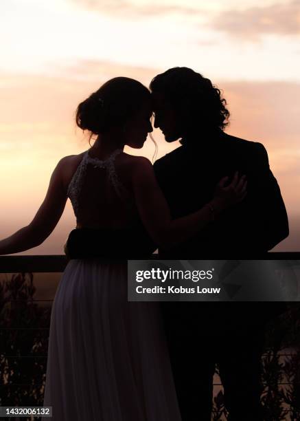 matrimonio, coppia e silhouette di una sposa e uno sposo fuori dopo la loro cerimonia di matrimonio e celebrazione romantica. amore, romanticismo e relazione con un uomo e una donna insieme in matrimonio all'aperto - coppia eterosessuale foto e immagini stock
