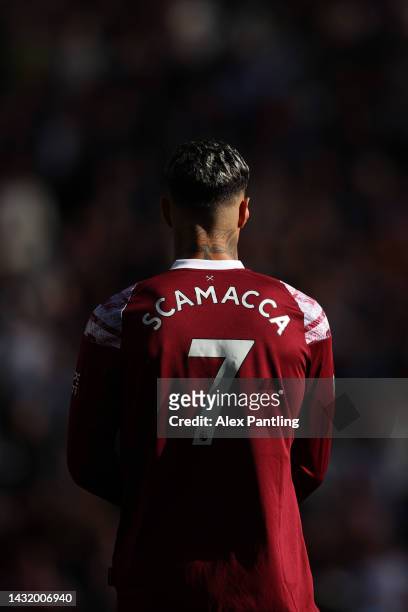 Gianluca Scamacca of West Ham United during the Premier League match between West Ham United and Fulham FC at London Stadium on October 09, 2022 in...
