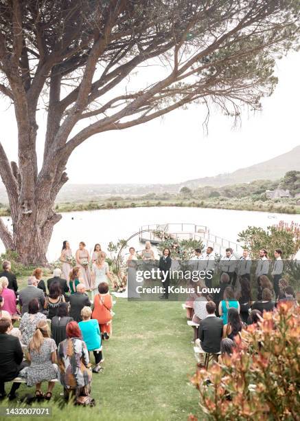 love, marriage and couple at wedding event or ceremony getting married on a lake nature garden above view. man and woman partnership, trust and life commitment with group of people, audience or crowd - over 80 個照片及圖片檔