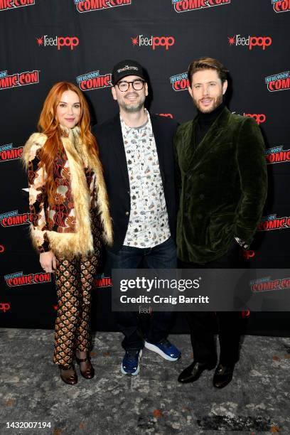 Danneel Ackles, Robbie Thompson and Jensen Ackles attend the Warner Bros. The Winchesters interview during New York Comic Con 2022 on October 09,...