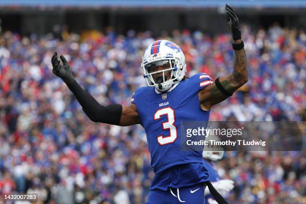 Damar Hamlin of the Buffalo Bills reacts after a missed Pittsburgh Steelers field goal during the second quarter at Highmark Stadium on October 09,...