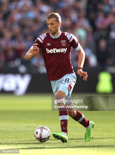 Tomas Soucek of West Ham United during the Premier League match between West Ham United and Fulham FC at London Stadium on October 09, 2022 in...