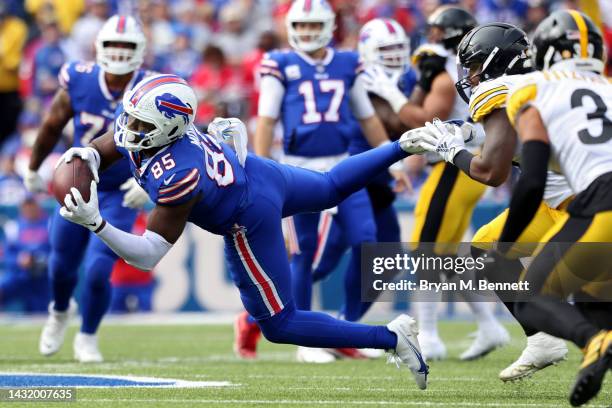 Quintin Morris of the Buffalo Bills catches a pass against the Pittsburgh Steelers during the second quarter at Highmark Stadium on October 09, 2022...