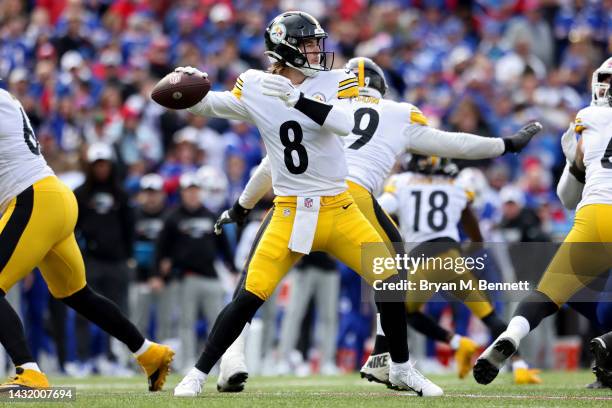 Kenny Pickett of the Pittsburgh Steelers passes against the Buffalo Bills during the second quarter at Highmark Stadium on October 09, 2022 in...