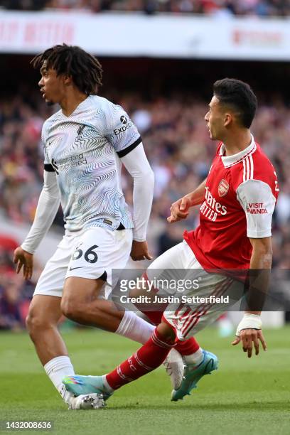 Gabriel Martinelli of Arsenal steps on the ankle of Trent Alexander-Arnold of Liverpool during the Premier League match between Arsenal FC and...