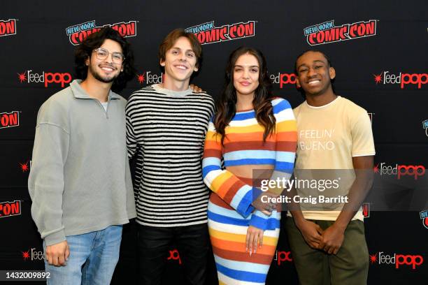 Jacob Bertrand, Xolo Mariduena, Lilimar Hernandez and A.J. Hudson attend the Warner Media Batwheels interview during New York Comic Con 2022 on...