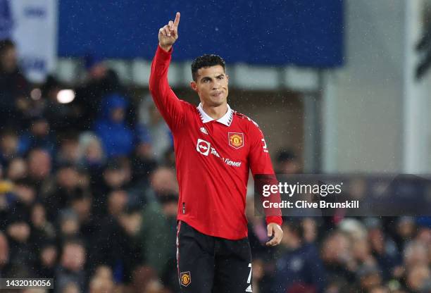 Cristiano Ronaldo of Manchester United celebrates after scoring their team's second goal during the Premier League match between Everton FC and...