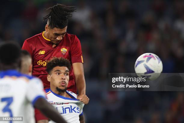 Chris Smalling of AS Roma scores their team's first goal during the Serie A match between AS Roma and US Lecce at Stadio Olimpico on October 09, 2022...