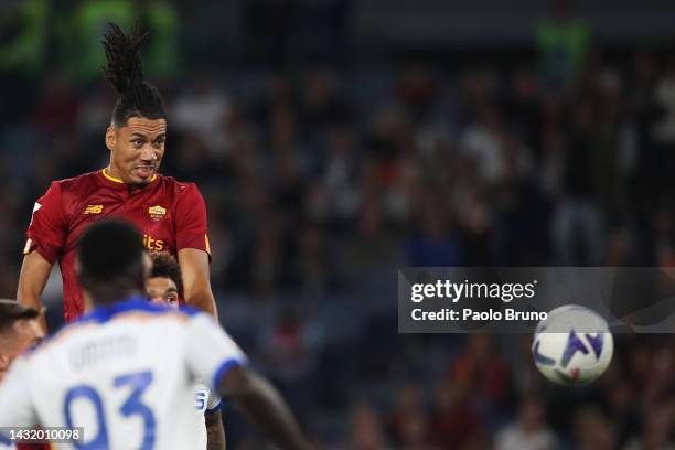 Chris Smalling of AS Roma scores their team's first goal during the Serie A match between AS Roma and US Lecce at Stadio Olimpico on October 09, 2022...
