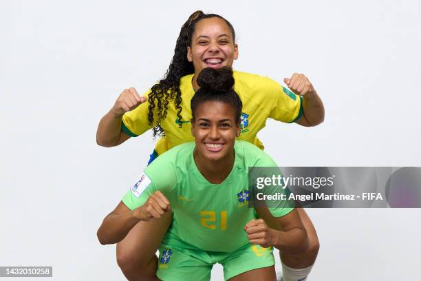 Ana Flavia Ferreira and Mari Ribeiro of Brazil pose during the FIFA U-17 Women's World Cup 2022 Portrait Session on October 09, 2022 in Bhubaneswar,...