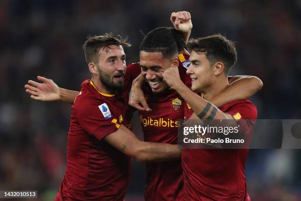 Chris Smalling of AS Roma celebrates after scoring their team's first goal during the Serie A match between AS Roma and US Lecce at Stadio Olimpico...