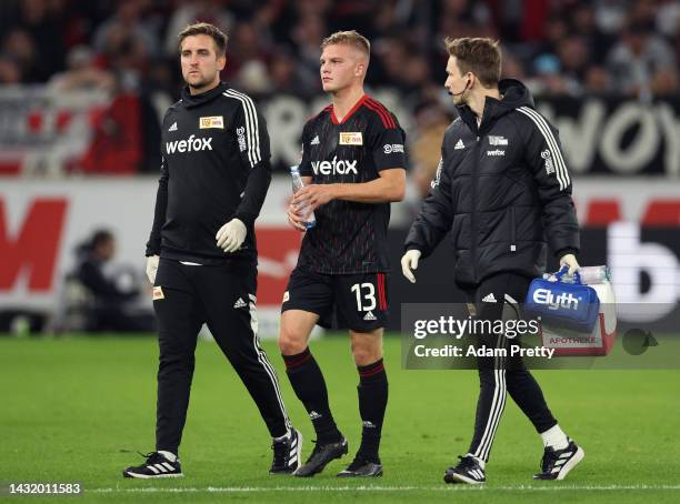 Andras Schaefer of 1.FC Union Berlin receives medical treatment during the Bundesliga match between VfB Stuttgart and 1. FC Union Berlin at...