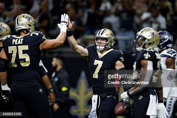 Taysom Hill of the New Orleans Saints reacts after scoring a touchdown in the second quarter of the game against the Seattle Seahawks at Caesars...