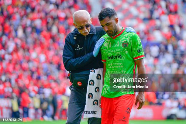 Maximiliano Olivera of Juarez reacts after the playoff match between Toluca and FC Juarez as part of the Torneo Apertura 2022 Liga MX at Nemesio Diez...