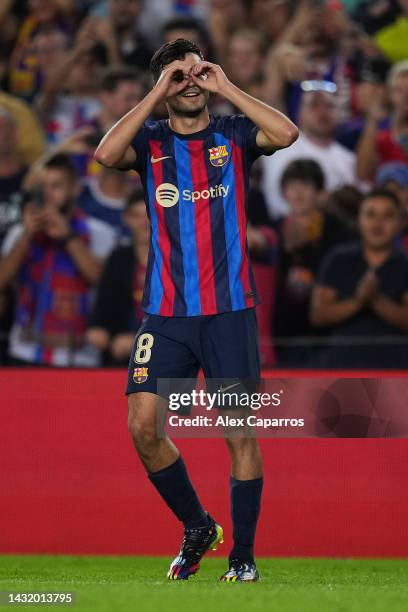 Pedri of FC Barcelona celebrates after scoring their team's first goal during the LaLiga Santander match between FC Barcelona and RC Celta at Spotify...