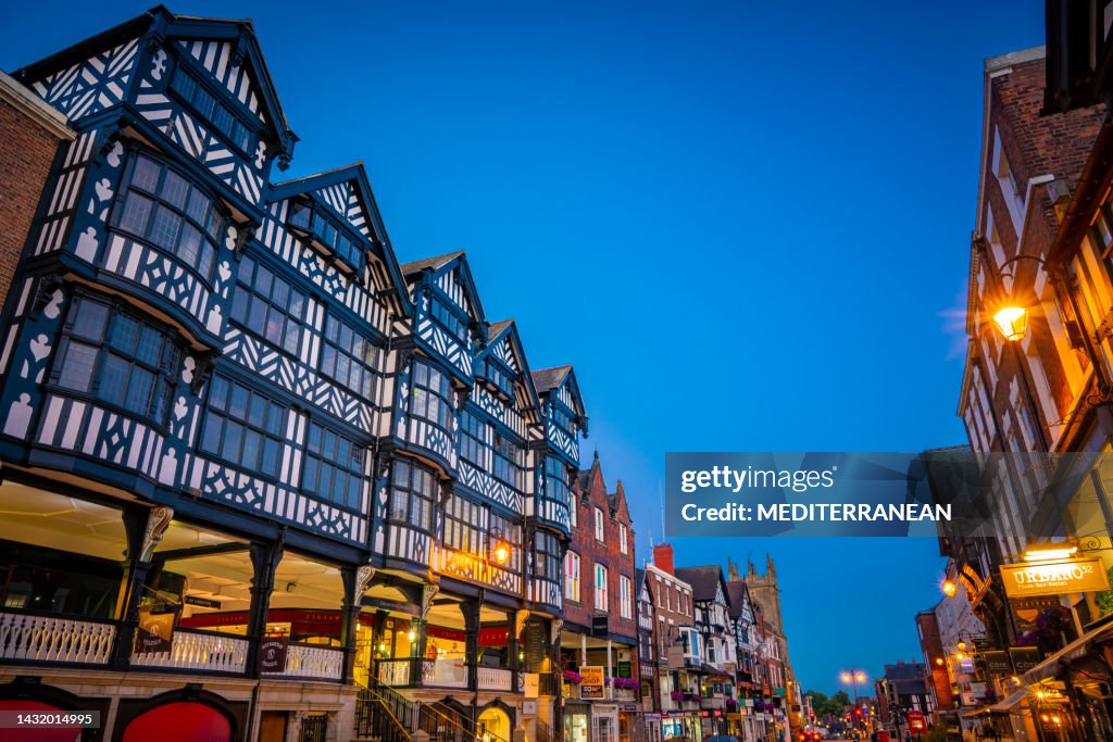 Chester Bridge Street at sunset in England UK