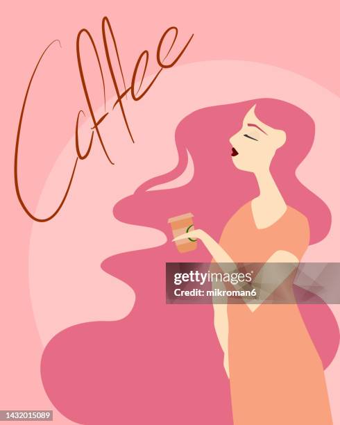 vector of a woman drinking coffee from a coffee cup - drinking glass vector stock pictures, royalty-free photos & images