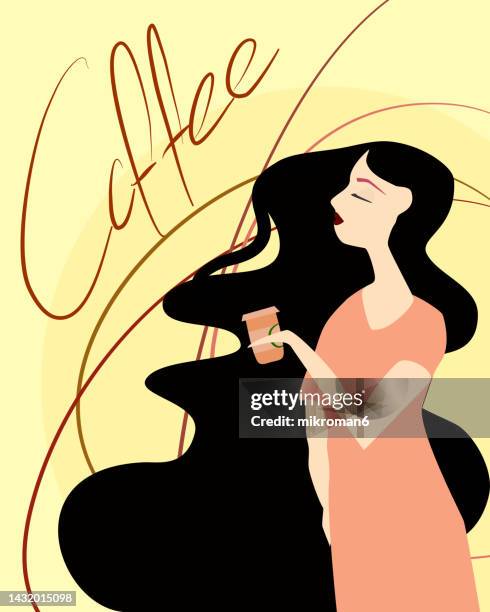 vector of a woman drinking coffee from a coffee cup - drinking glass vector stock pictures, royalty-free photos & images