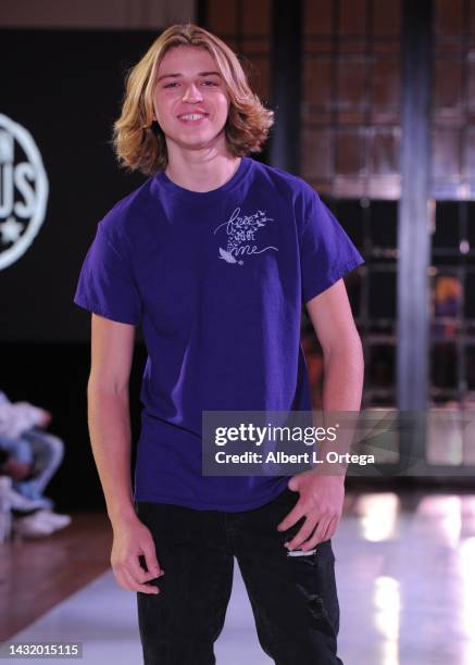 Model wearing Ayden Mekus walks the runway during The Fashion Life Tour during Los Angeles Fashion Week at Alexandria Hotel on October 08, 2022 in...