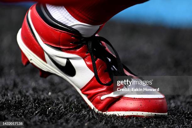 The cleats of Nick Bosa of the San Francisco 49ers on the field before the game against the Carolina Panthers at Bank of America Stadium on October...