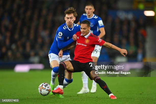 James Garner of Everton battles for possession with Antony of Manchester United during the Premier League match between Everton FC and Manchester...