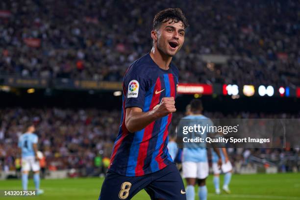 Pedro Gonzalez Lopez "Pedri" of FC Barcelona celebrates after scoring his team's first goal during the LaLiga Santander match between FC Barcelona...