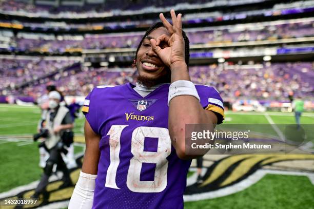 Justin Jefferson of the Minnesota Vikings celebrates a win against the Chicago Bears at U.S. Bank Stadium on October 09, 2022 in Minneapolis,...