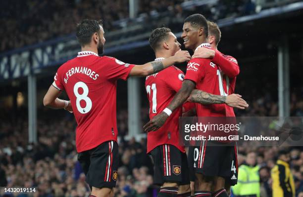 Marcus Rashford of Manchester United celebrates with team mates afterscoring a goal but the goal is subsequently disallowed by VAR during the Premier...