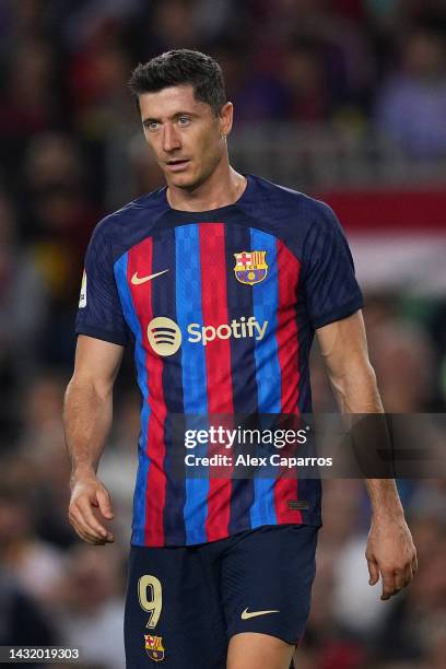 Robert Lewandowski of FC Barcelona looks on during the LaLiga Santander match between FC Barcelona and RC Celta at Spotify Camp Nou on October 09,...