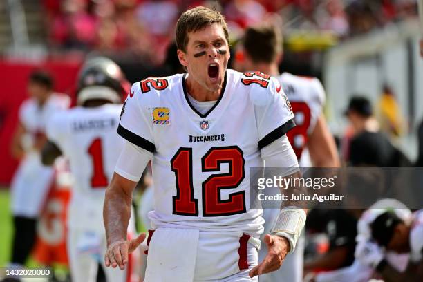 Tom Brady of the Tampa Bay Buccaneers reacts on the sideline during the second half in the game against the Atlanta Falcons at Raymond James Stadium...