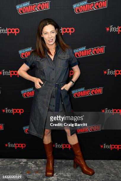 Michelle Gomez posesbackstage during the Doom Patrol panel at New York Comic Con 2022 on October 09, 2022 in New York City.
