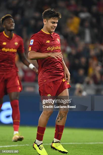 Roma player Paulo Dybala pulls up injured during the Serie A match between AS Roma and US Lecce at Stadio Olimpico on October 09, 2022 in Rome, Italy.