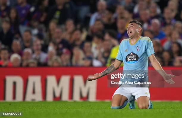 Iago Aspas of Celta Vigo reacts during the LaLiga Santander match between FC Barcelona and RC Celta at Spotify Camp Nou on October 09, 2022 in...