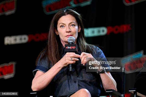 Michelle Gomez speaks onstage at HBO Max and DC's Doom Patrol and Titans panel during New York Comic Con 2022 on October 09, 2022 in New York City.