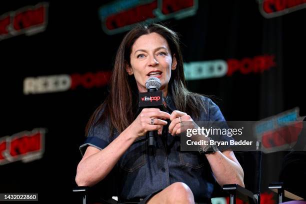 Michelle Gomez speaks onstage at HBO Max and DC's Doom Patrol and Titans panel during New York Comic Con 2022 on October 09, 2022 in New York City.