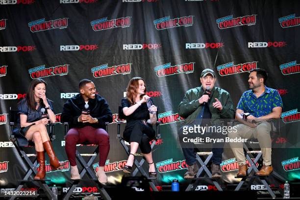 Michelle Gomez, Joivan Wade, April Bowlby, Brendan Fraser and Andy Swift speak onstage at HBO Max and DC's Doom Patrol and Titans panel during New...