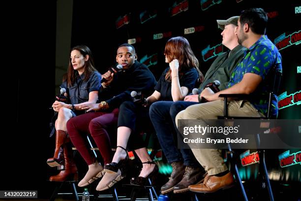 Michelle Gomez, Joivan Wade, April Bowlby, Brendan Fraser and Andy Swift speak onstage at HBO Max and DC's Doom Patrol and Titans panel during New...