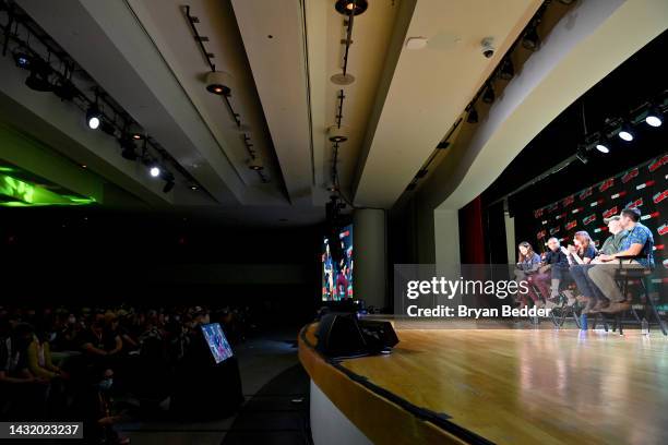 Michelle Gomez, Joivan Wade, April Bowlby, Brendan Fraser and Andy Swift speak onstage at HBO Max and DC's Doom Patrol and Titans panel during New...