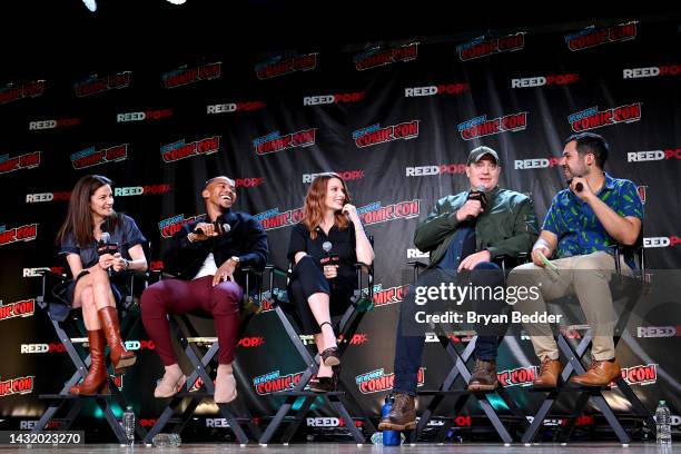 Michelle Gomez, Joivan Wade, April Bowlby, Brendan Fraser and Andy Swift speak onstage at HBO Max and DC's Doom Patrol and Titans panel during New...