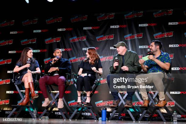 Michelle Gomez, Joivan Wade, April Bowlby, Brendan Fraser and Andy Swift speak onstage at HBO Max and DC's Doom Patrol and Titans panel during New...