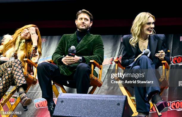 Danneel Ackles, Jensen Ackles, and Meg Donnelly speak onstage at The Winchesters Pilot Screening and Q&A during New York Comic Con 2022 on October...