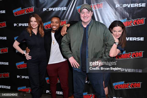 April Bowlby, Joivan Wade, Brendan Fraser and Michelle Gomez pose backstage at HBO Max and DC's Doom Patrol and Titans panel during New York Comic...