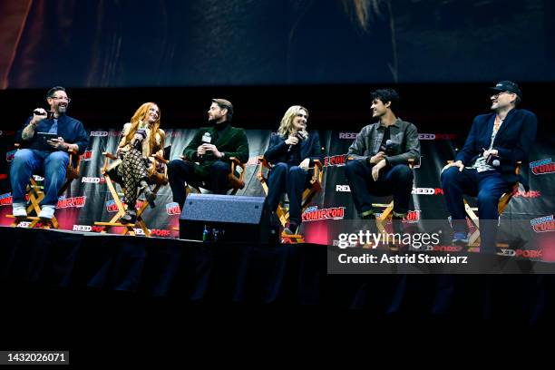 Damian Holbrook, Danneel Ackles, Jensen Ackles, Meg Donnelly, Drake Rodger and Robbie Thompson speak onstage at The Winchesters Pilot Screening and...