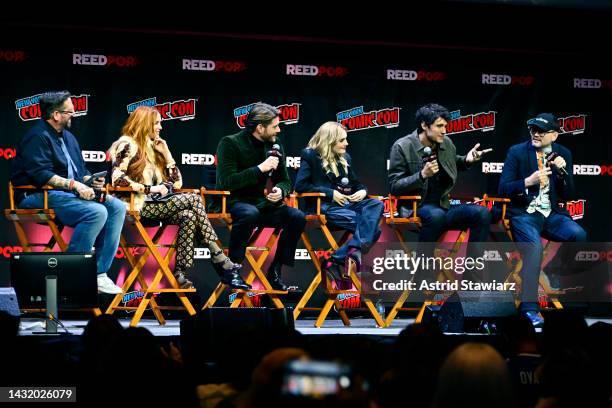 Damian Holbrook, Danneel Ackles, Jensen Ackles, Meg Donnelly, Drake Rodger and Robbie Thompson speak onstage at The Winchesters Pilot Screening and...