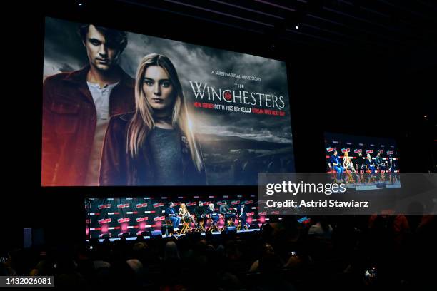 Damian Holbrook, Danneel Ackles, Jensen Ackles, Meg Donnelly, Drake Rodger and Robbie Thompson speak onstage at The Winchesters Pilot Screening and...