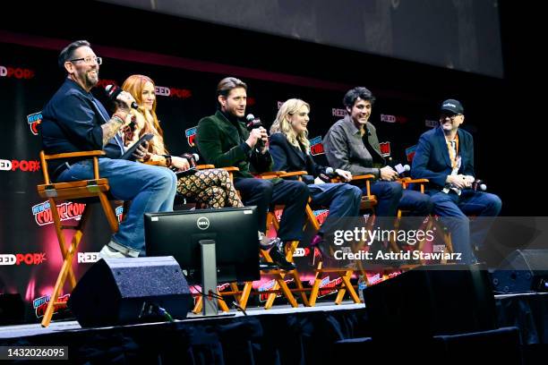 Damian Holbrook, Danneel Ackles, Jensen Ackles, Meg Donnelly, Drake Rodger and Robbie Thompson speak onstage at The Winchesters Pilot Screening and...